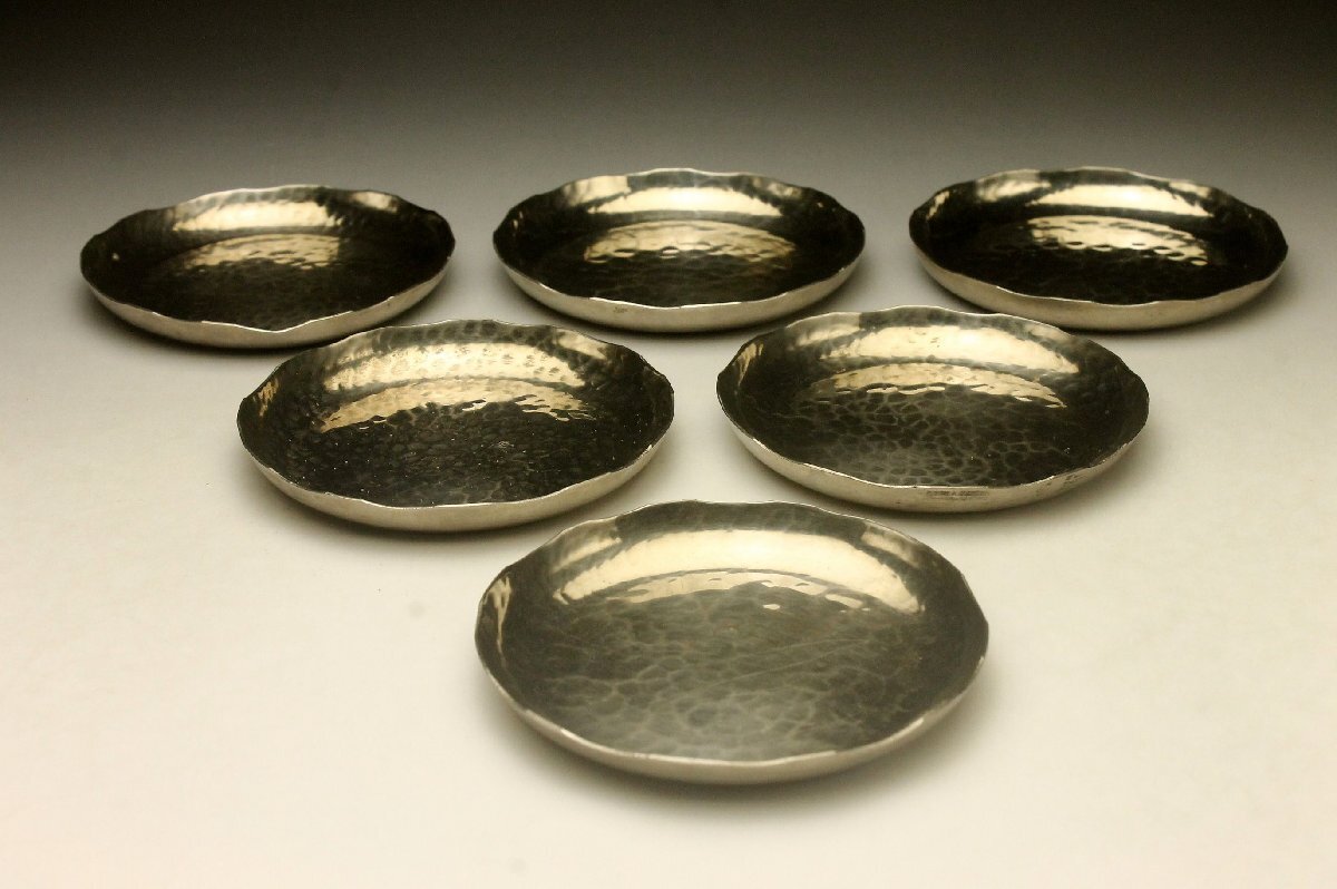 【余韻】 時代物 いぶし銀 銅造 輪花 小皿 豆皿 6客揃★無傷美品 茶道具＜同梱可＞_画像2