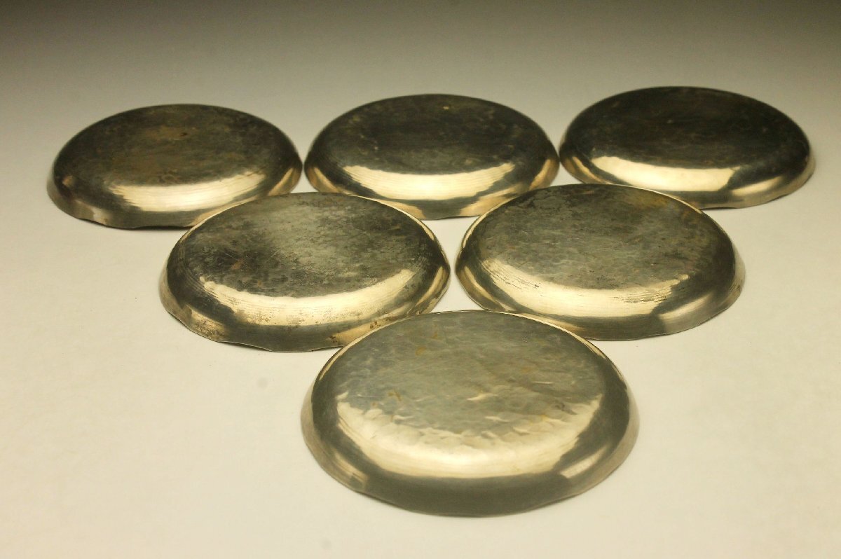 【余韻】 時代物 いぶし銀 銅造 輪花 小皿 豆皿 6客揃★無傷美品 茶道具＜同梱可＞_画像4