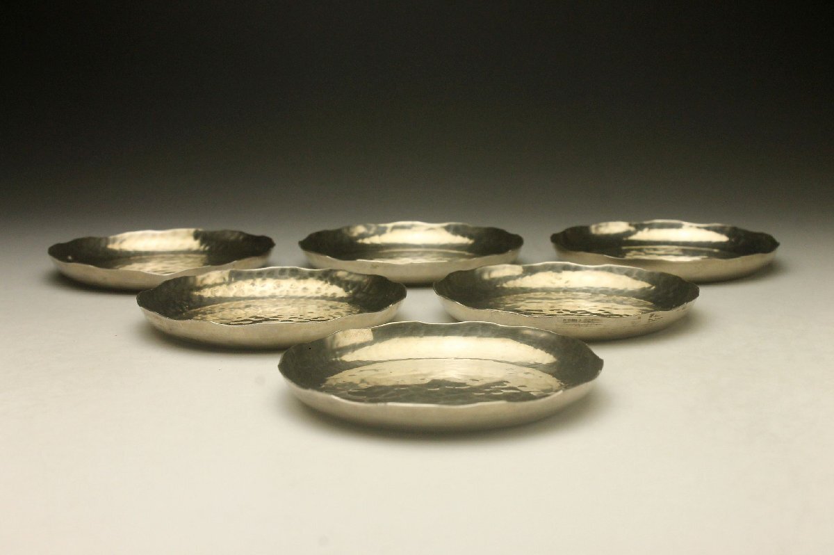 【余韻】 時代物 いぶし銀 銅造 輪花 小皿 豆皿 6客揃★無傷美品 茶道具＜同梱可＞_画像3