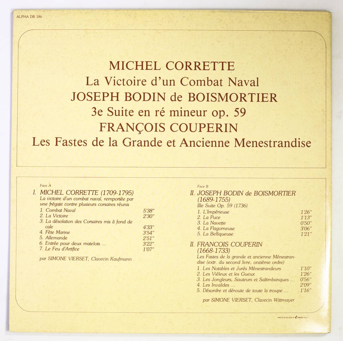 【ベルギー盤LP】シモーヌ・ヴィエルセ/コレット,ボワモルティエ,F.クープラン:クラヴサン組曲集(並品,ALPHA,古楽,Simone Vierset)_画像2