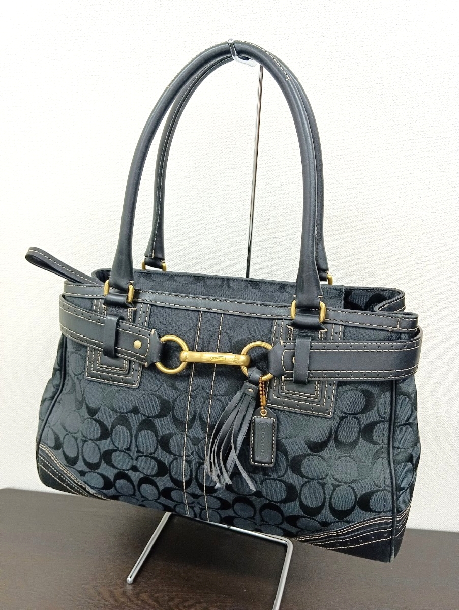 1円 ■美品■ COACH コーチ 10508 シグネチャー キャンバス×レザー タッセル トートバッグ ショルダーバッグ ブラック系 I3812JI コーチ 10508 シグネチャー ハンドバッグ キャンバス
