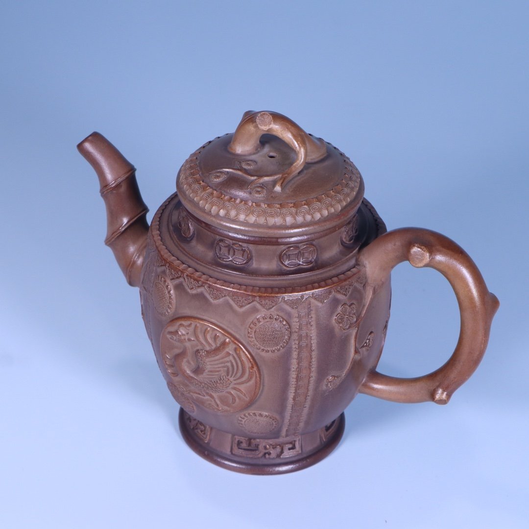 【安】清時代 邵瑞元制 歳寒三友紋茶壺 宜興紫砂 ?；?朱泥急須 煎茶道具 茶壷 古美味 古董品 時代物 289