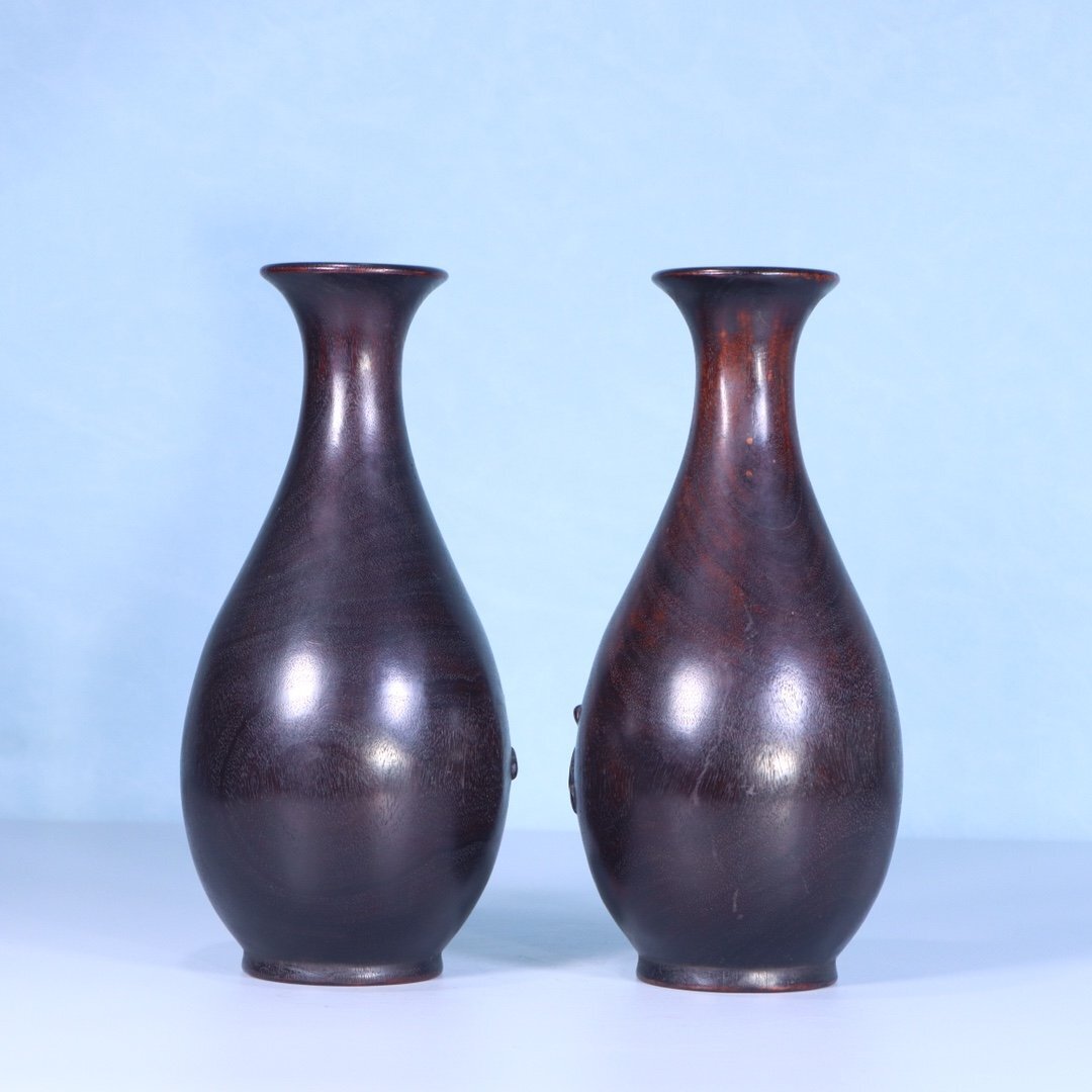 【安】清時(shí)代 珍木紫檀 荷花荷葉紋花挿一対 極細(xì)工 古置物 古擺件 中國(guó)古美術(shù) 時(shí)代物 古董品 345