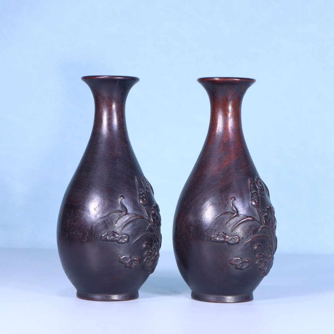 【安】清時(shí)代 珍木紫檀 荷花荷葉紋花挿一対 極細(xì)工 古置物 古擺件 中國(guó)古美術(shù) 時(shí)代物 古董品 345