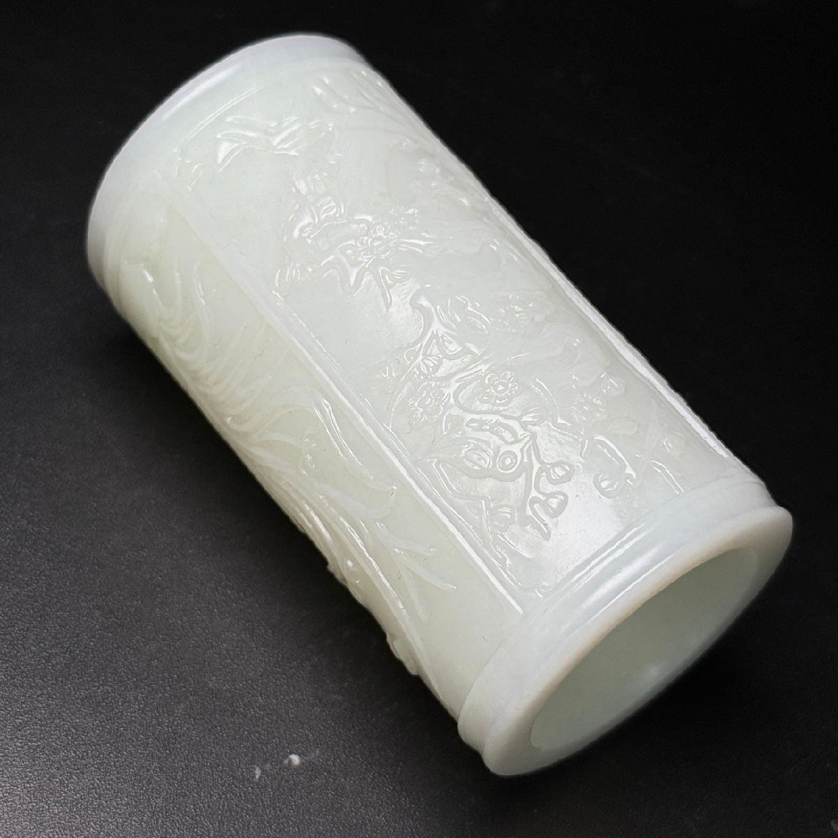 【安】清時代 和田玉 白玉 梅蘭竹菊紋筆筒 極細工 古置物 古擺件 中國古美術 時代物 古董品 286
