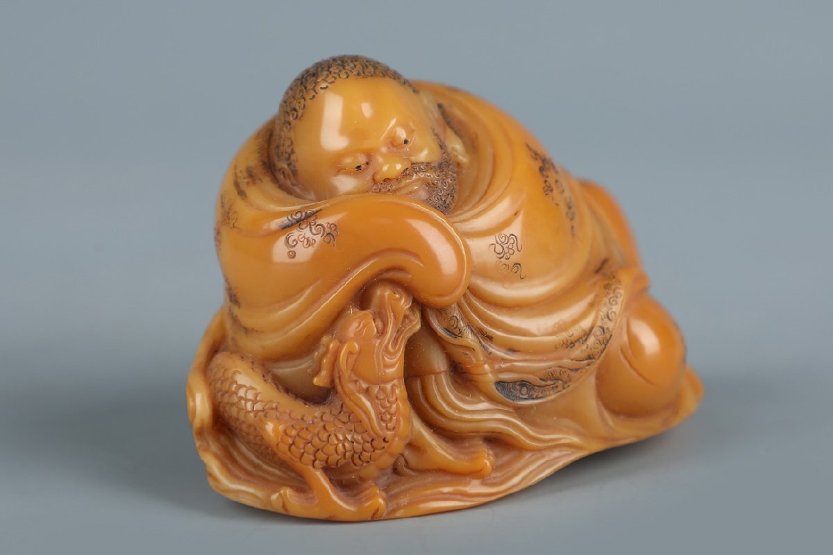 【安】清時代 之謙銘 壽山田黃石彫 羅漢造像 共箱 極細工 古置物 古擺件 中國古美術 時代物 396