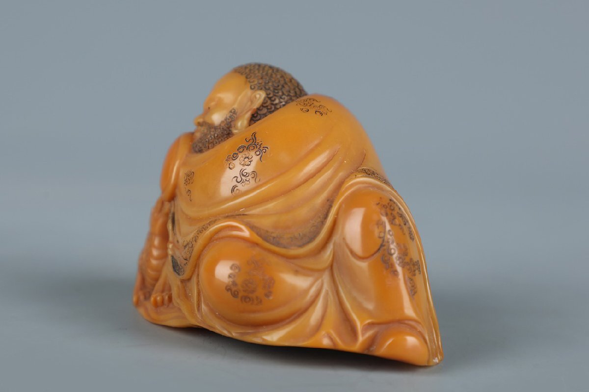 【安】清時代 之謙銘 壽山田黃石彫 羅漢造像 共箱 極細工 古置物 古擺件 中國古美術 時代物 396