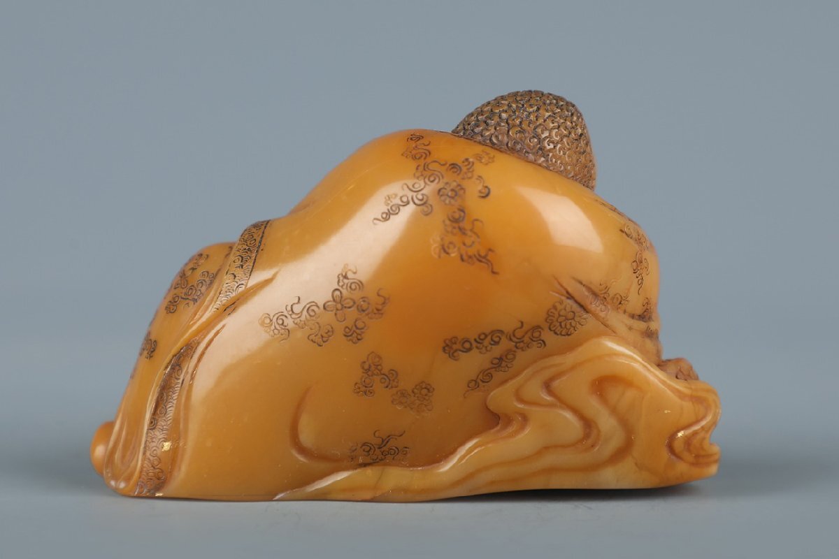 【安】清時代 之謙銘 壽山田黃石彫 羅漢造像 共箱 極細工 古置物 古擺件 中國古美術 時代物 396