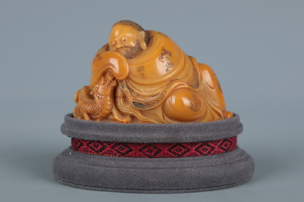 【安】清時代 之謙銘 壽山田黃石彫 羅漢造像 共箱 極細工 古置物 古擺件 中國古美術 時代物 396