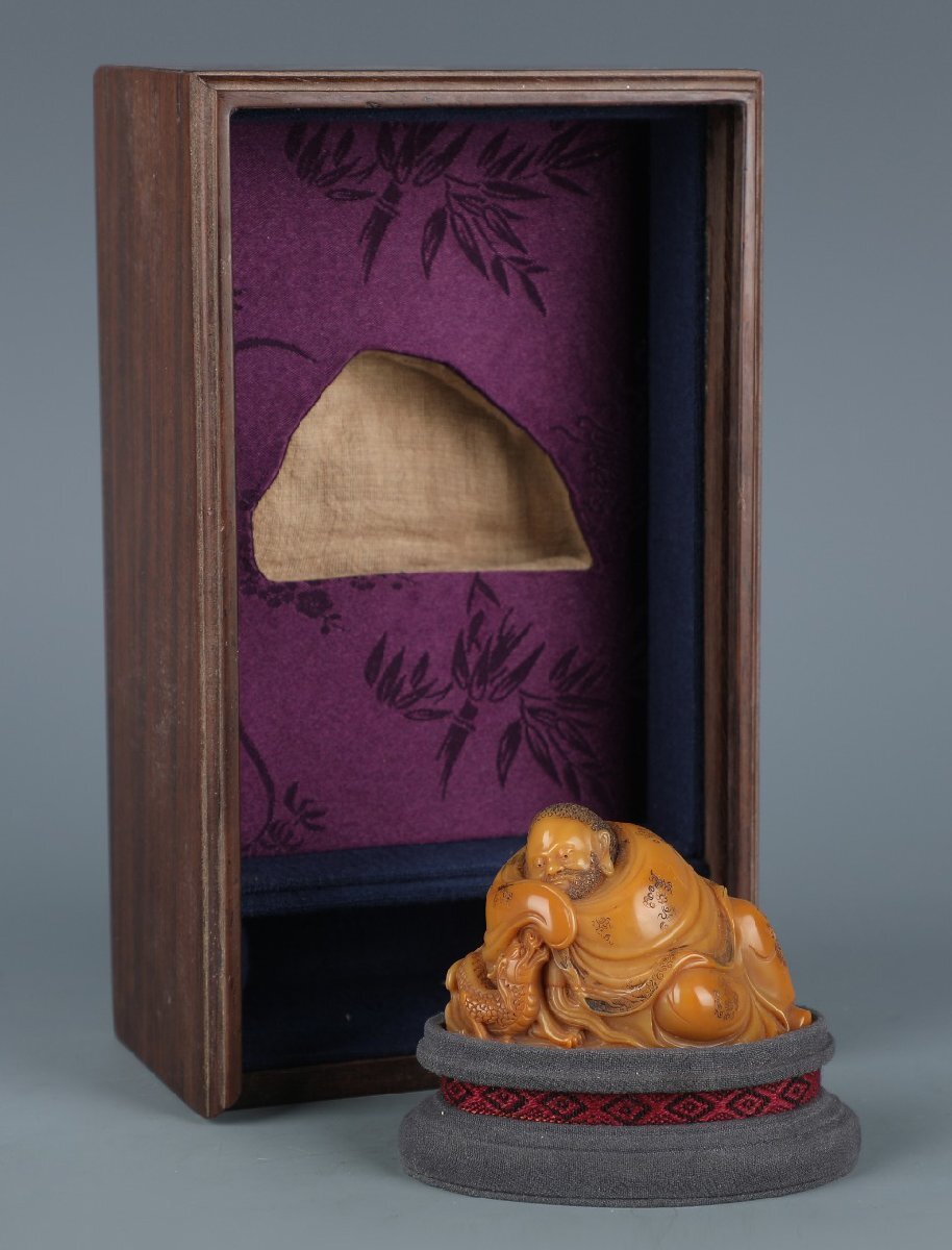 【安】清時代 之謙銘 壽山田黃石彫 羅漢造像 共箱 極細工 古置物 古擺件 中國古美術 時代物 396