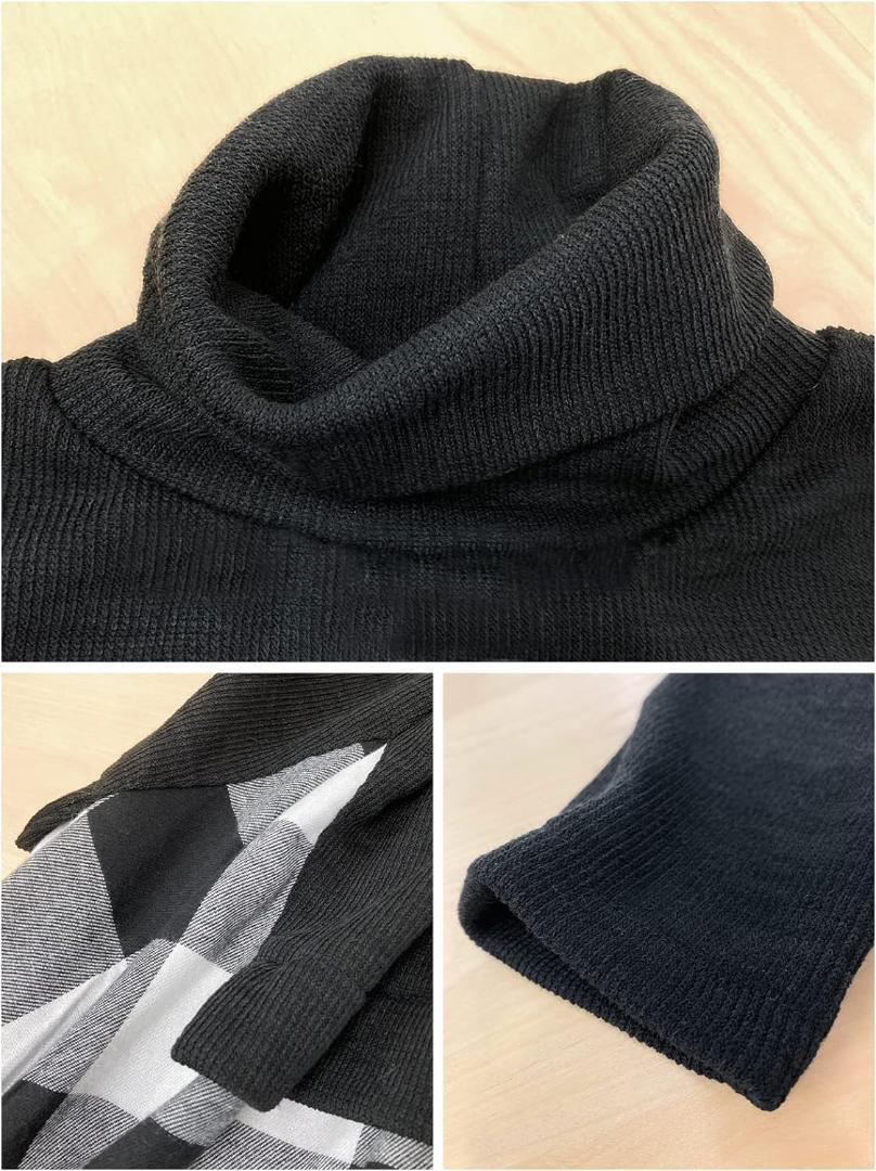 【F】黒 ロングワンピース ニット タートルネック チェック 海外　韓国_画像3