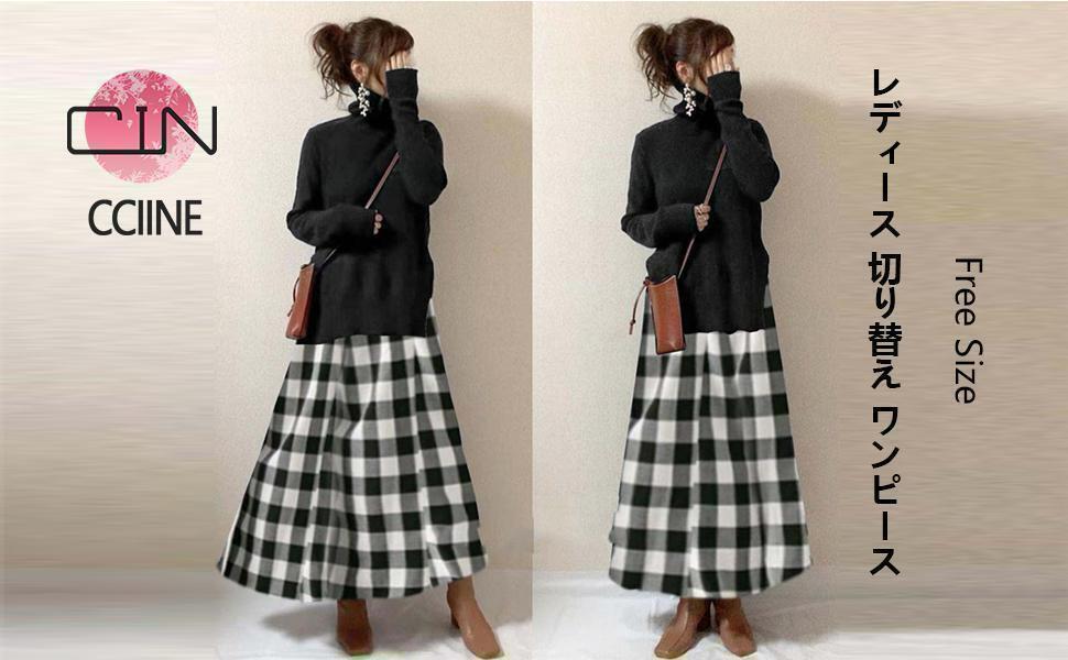 【F】黒 ロングワンピース ニット タートルネック チェック 海外　韓国_画像5