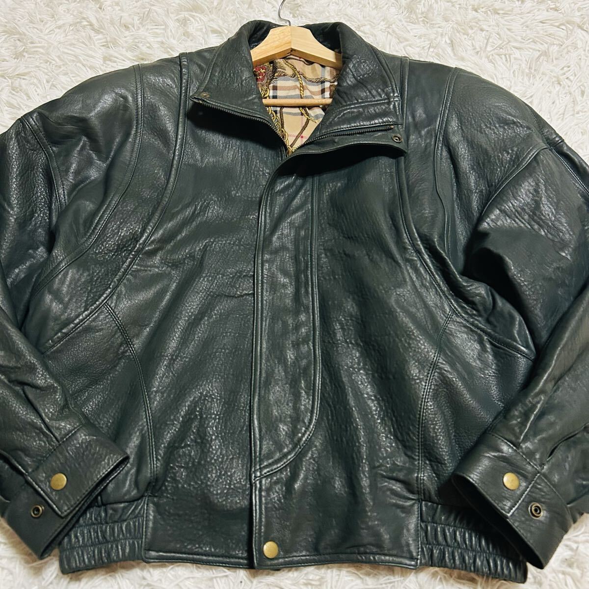 極美品/Lサイズ レザージャケット ライダース シングルライダース ラムレザー 羊革 ブルゾン 金ボタン 里地派手総柄 グレーグリーン 希少品