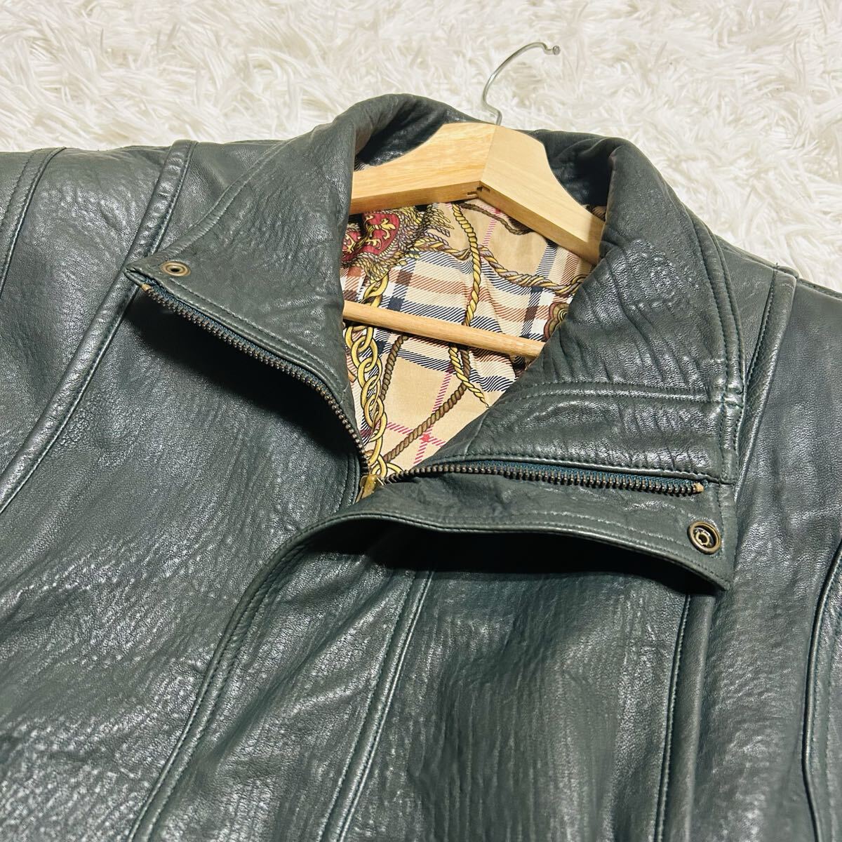 極美品/Lサイズ レザージャケット ライダース シングルライダース ラムレザー 羊革 ブルゾン 金ボタン 里地派手総柄 グレーグリーン 希少品