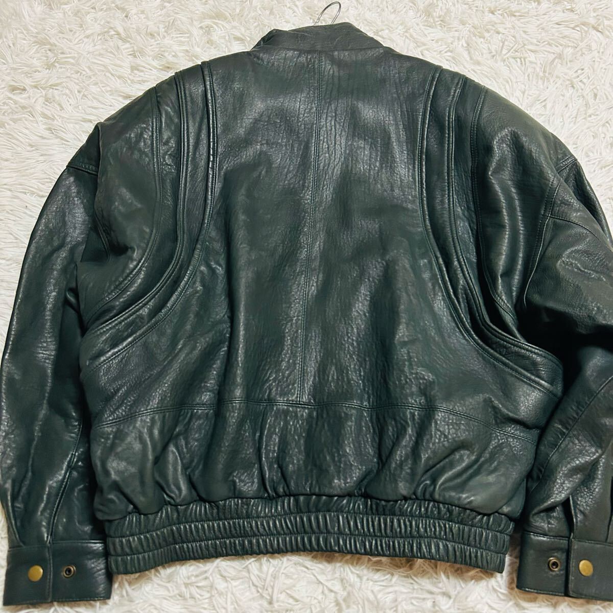 極美品/Lサイズ レザージャケット ライダース シングルライダース ラムレザー 羊革 ブルゾン 金ボタン 里地派手総柄 グレーグリーン 希少品