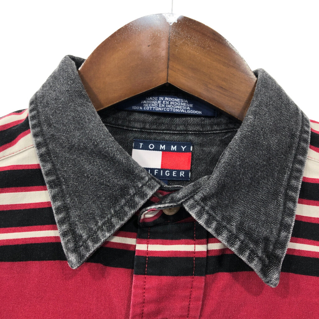 90年代 TOMMY HILFIGER トミーヒルフィガー ボーダー 長袖シャツ レッド (メンズ M) 中古 古着 Q7216_画像3