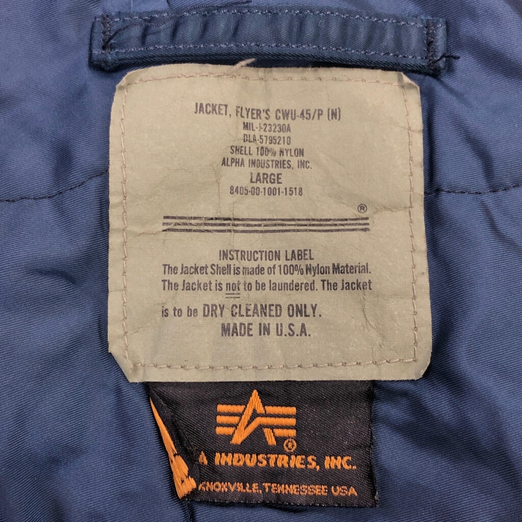 USA製 ALPHA INDUSTRIES アルファ インダストリーズ CWU-45/P フライトジャケット ミリタリー ネイビー(メンズ LARGE)中古 古着 V1811_画像4
