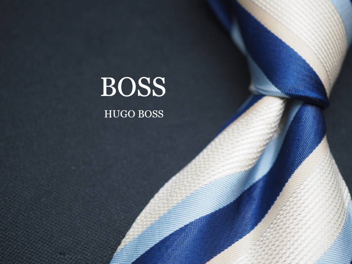 【HUGO BOSS ヒューゴ ボス】 F2068 アイボリー ネイビー系 SILK ブランド ネクタイ 古着 良品 転売 仕入_画像1