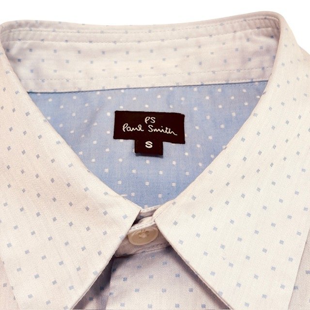 中古 ピーエス ポールスミス PS Paul Smith 半袖シャツ クリーニング済み 切り替え バイカラー ブルー ドット柄 メンズ Sサイズ