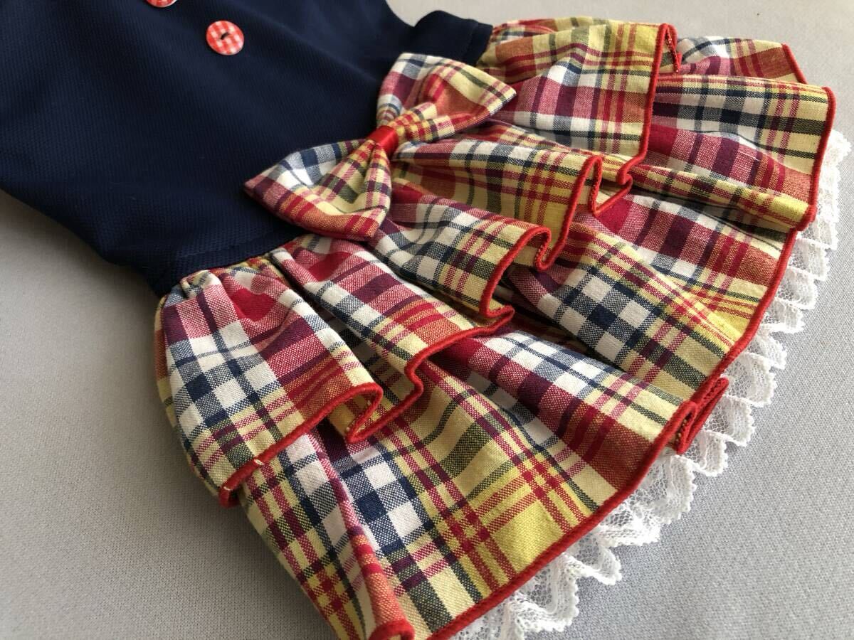 ◇胴38◇ネイビーニット◇赤系チェック柄フリルスカートワンピ_画像4