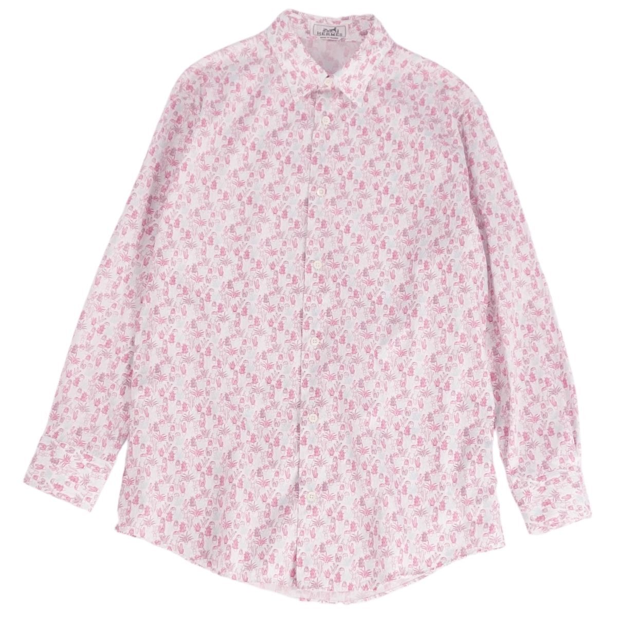 美品 エルメス HERMES シャツ ロングスリーブ 総柄 セリエボタン コットン トップス メンズ フランス制 39(15.5) レッド ce09od-rm07e33426