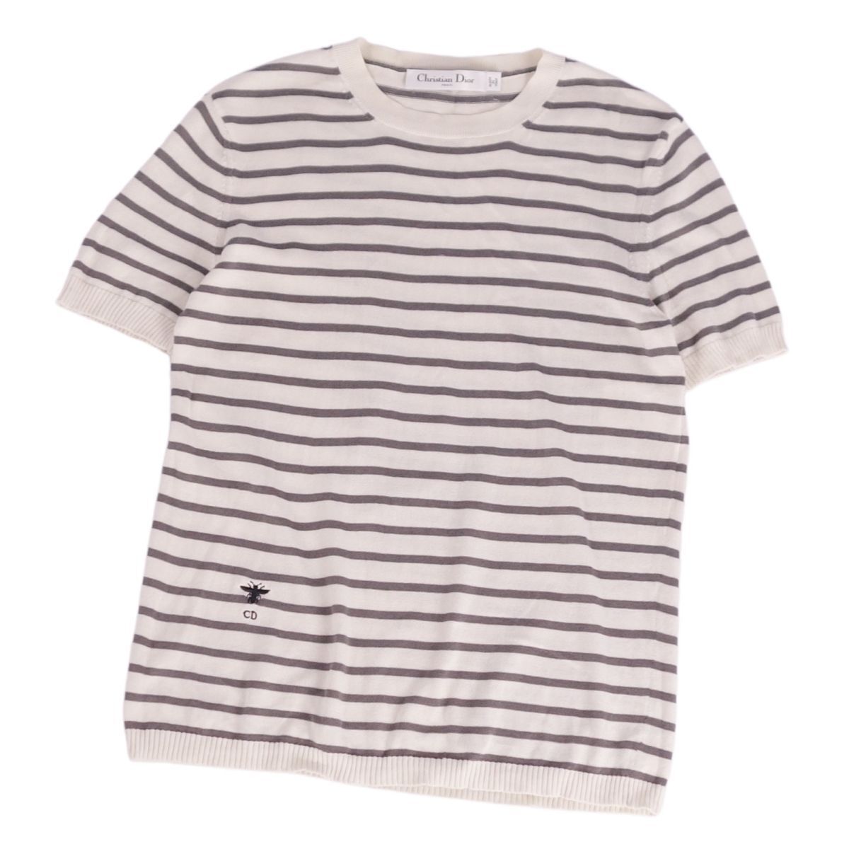 美品 クリスチャンディオール Christian Dior ニット 2020 セーター ボーダー Bee刺繍 シルク コットン I44 ホワイト ce09ob-rm20e33506_画像1