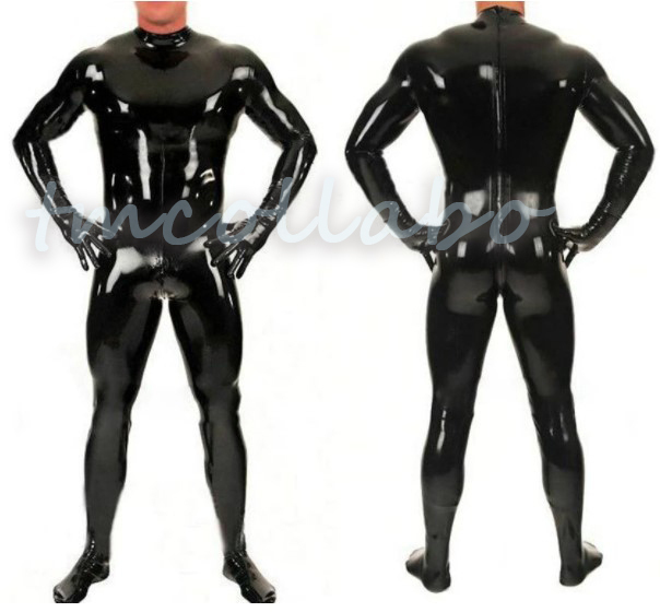 1(●´Д`●)快感★ラテックス製バックジッパー式全身スーツ(手足開口なしタイプ)★黒★男性XLサイズ★ゴムラバーキャットスーツ