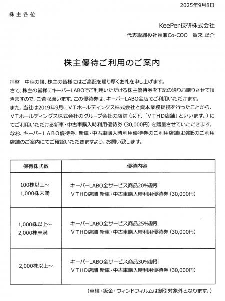 ★☆ＫｅｅＰｅｒ技研　株主優(yōu)待券?。玻埃ジ钜?一式　キーパー技研☆★