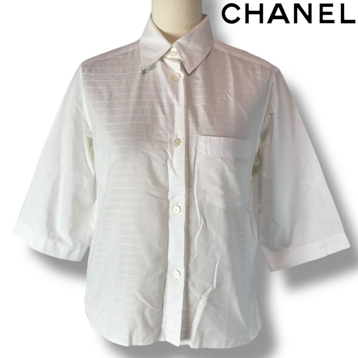 c18 正規(guī)品 Vintage CHANEL シャネル ボーダー ブラウス シャツ ロゴ刺繍 ホワイト トップス フォーマル ビジネス レディース