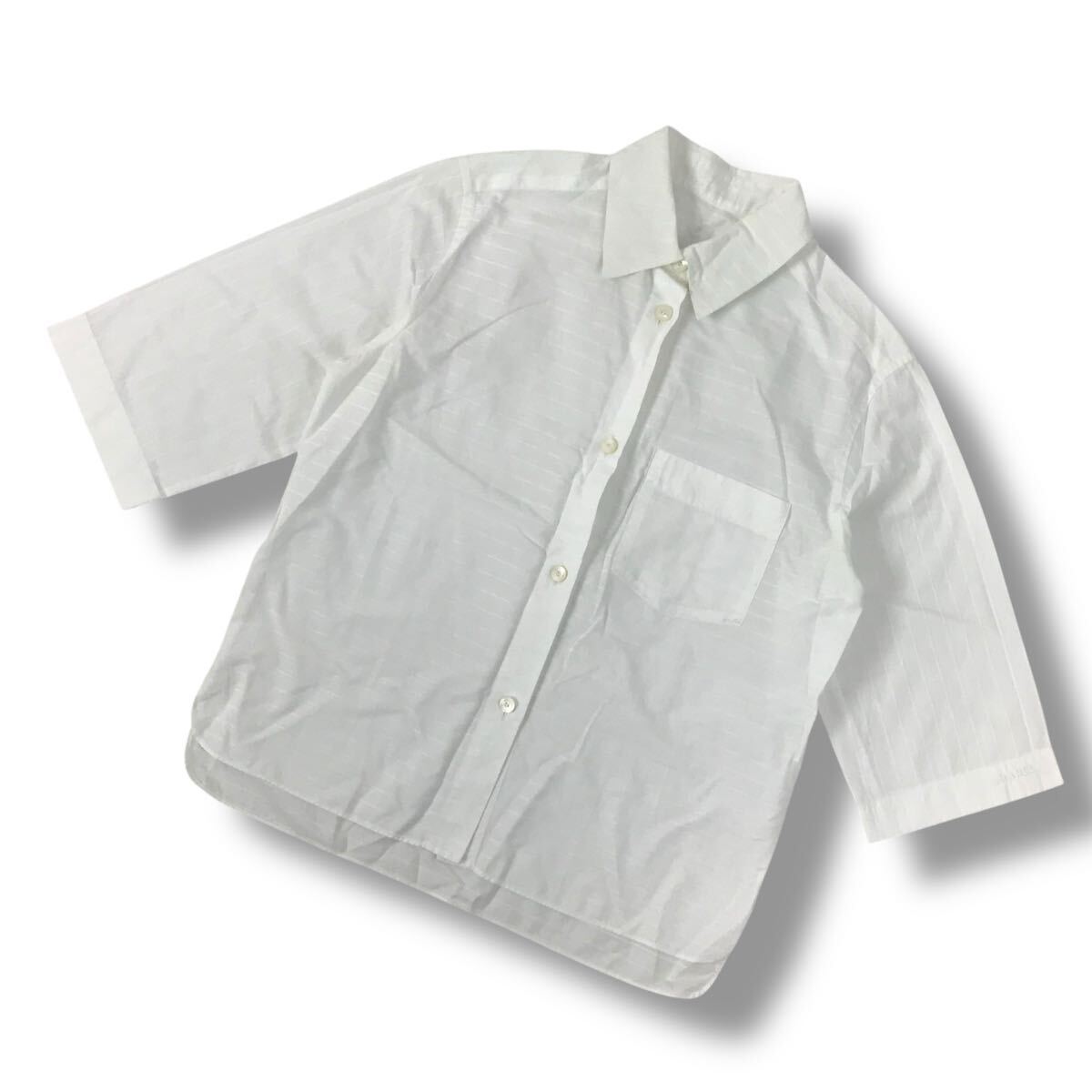 c18 正規(guī)品 Vintage CHANEL シャネル ボーダー ブラウス シャツ ロゴ刺繍 ホワイト トップス フォーマル ビジネス レディース