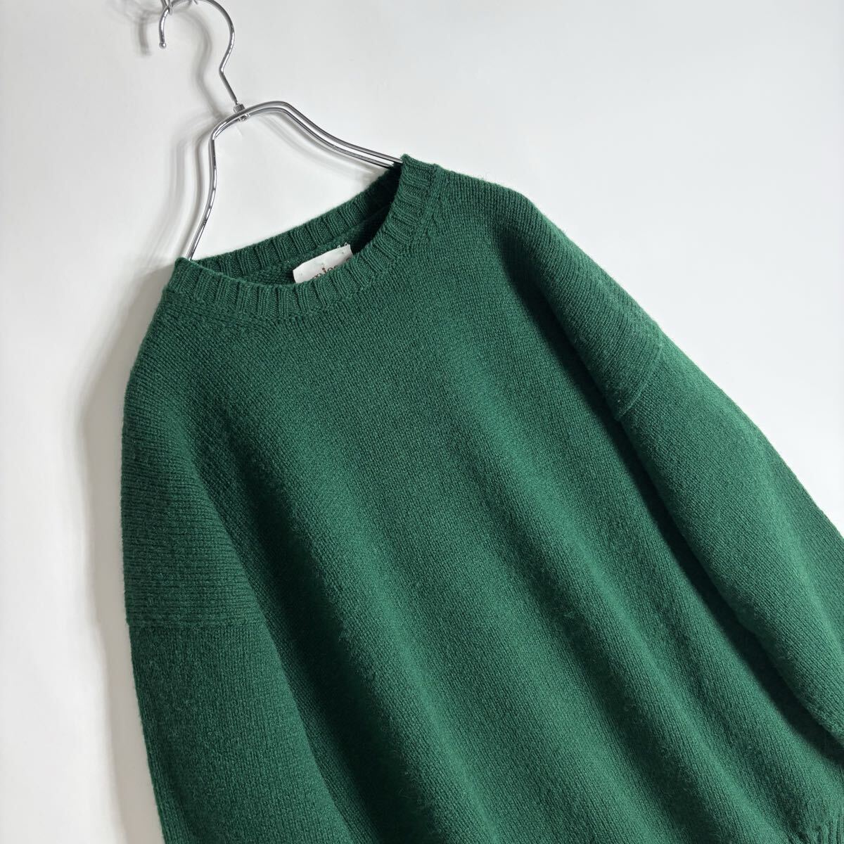 Jamieson's スコットランド製 ジャミーソンズ シェットランドニット クルーネック ウール セーター 大きめサイズ グリーン 無地 size XL_画像5