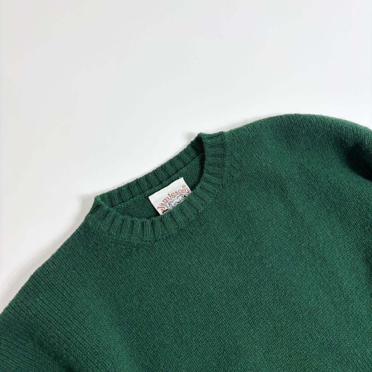 Jamieson's スコットランド製 ジャミーソンズ シェットランドニット クルーネック ウール セーター 大きめサイズ グリーン 無地 size XL_画像8