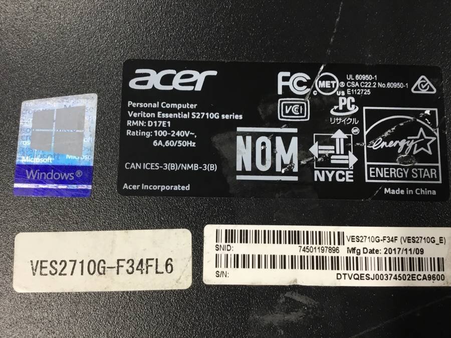 acer VES2710G-F34FL6 Veriton　Core i3 7100 3.90GHz 4GB 1000GB■現状品_画像4