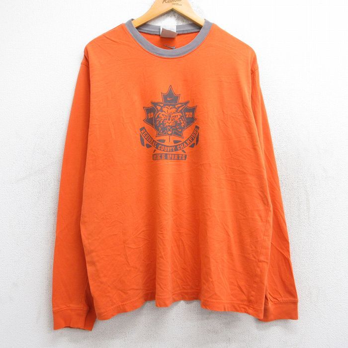 XL/古着 ナイキ NIKE 長袖 ビンテージ Tシャツ メンズ 00s ネコ スポーツ コットン クルーネック オレンジ 25aug29 中古_画像1