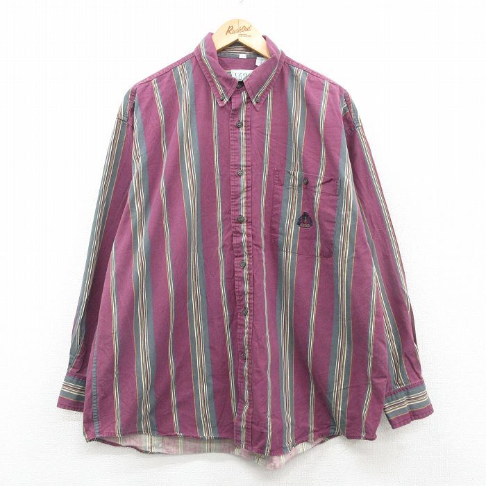 XL/古着 IZOD 長袖 ブランド シャツ メンズ 90s ワンポイントロゴ 大きいサイズ コットン ボタンダウン エンジ他 ストライプ_画像1