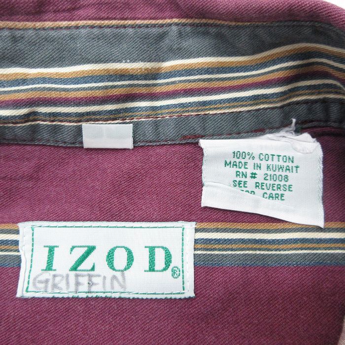 XL/古着 IZOD 長袖 ブランド シャツ メンズ 90s ワンポイントロゴ 大きいサイズ コットン ボタンダウン エンジ他 ストライプ_画像5
