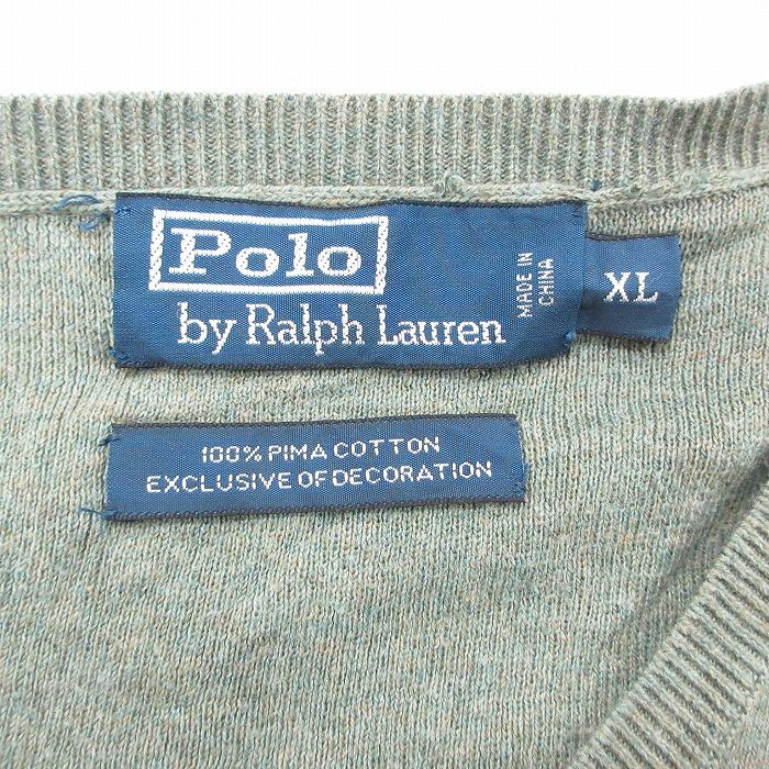 XL/古着 ラルフローレン 長袖 ブランド セーター メンズ 90s ワンポイントロゴ 大きいサイズ コットン Vネック 緑系 グリー_画像4