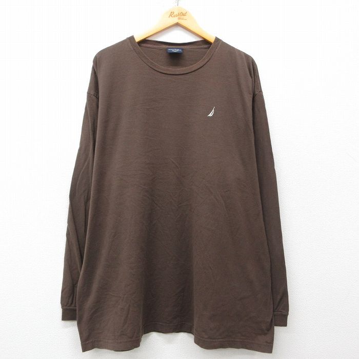 XL/古着 ノーティカ 長袖 ブランド Tシャツ メンズ ワンポイントロゴ 大きいサイズ コットン クルーネック 茶 ブラウン 25ap_画像1