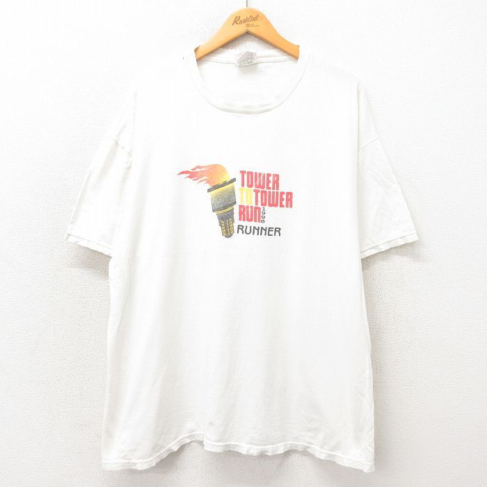 XL/古着 ヘインズ 半袖 ビンテージ Tシャツ メンズ 90s TOWER 企業広告 大きいサイズ コットン クルーネック 白 ホワイト 25_画像1