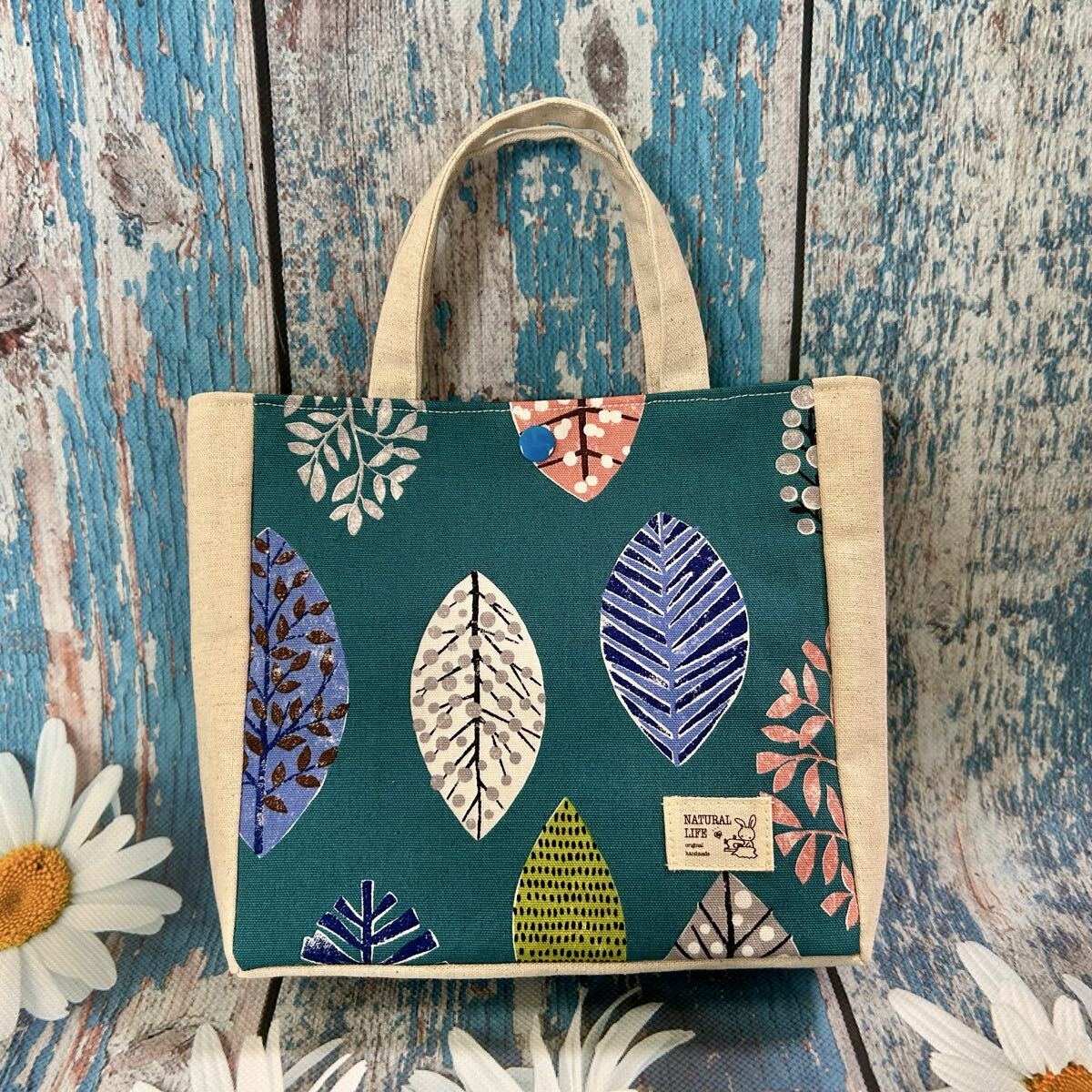 マチつきミニトートS☆葉っぱの模様☆ハンドメイド