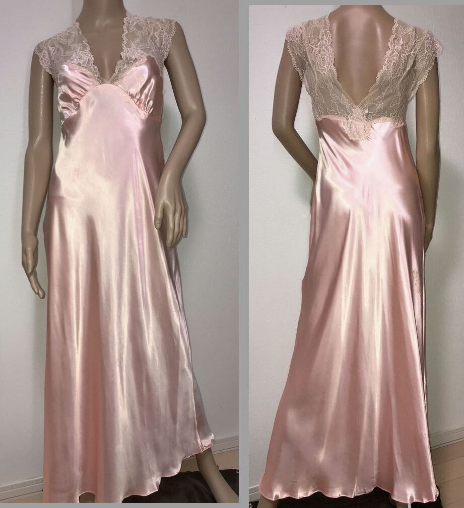 ◇US GILLIGAN シルクの光沢・パールピンク・エレガント・ウエディング・ロングナイトドレス・ガウン・サイズ大きめ_画像1