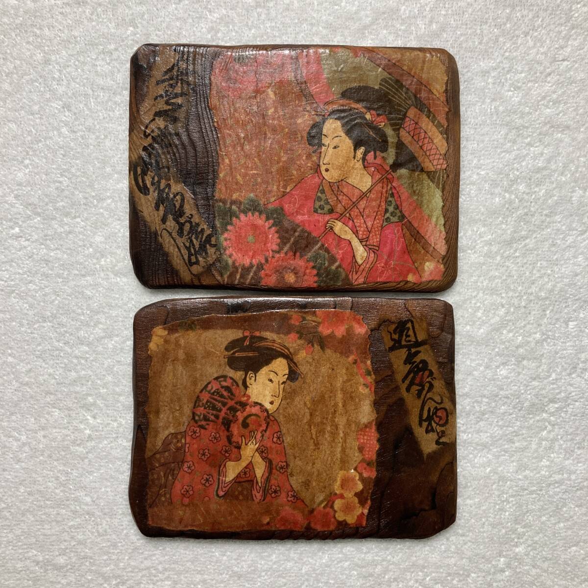 置物 工芸品 飾り / 日本の浮世絵 木製の板 - 2枚セット_画像1