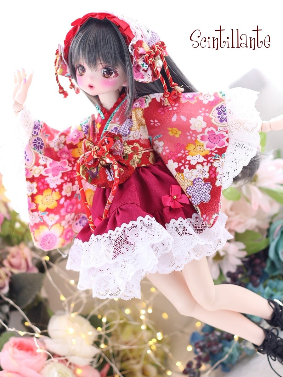 【シンティランテ】MDD服 著物+スカート+帯+カチューシャセット（赤）