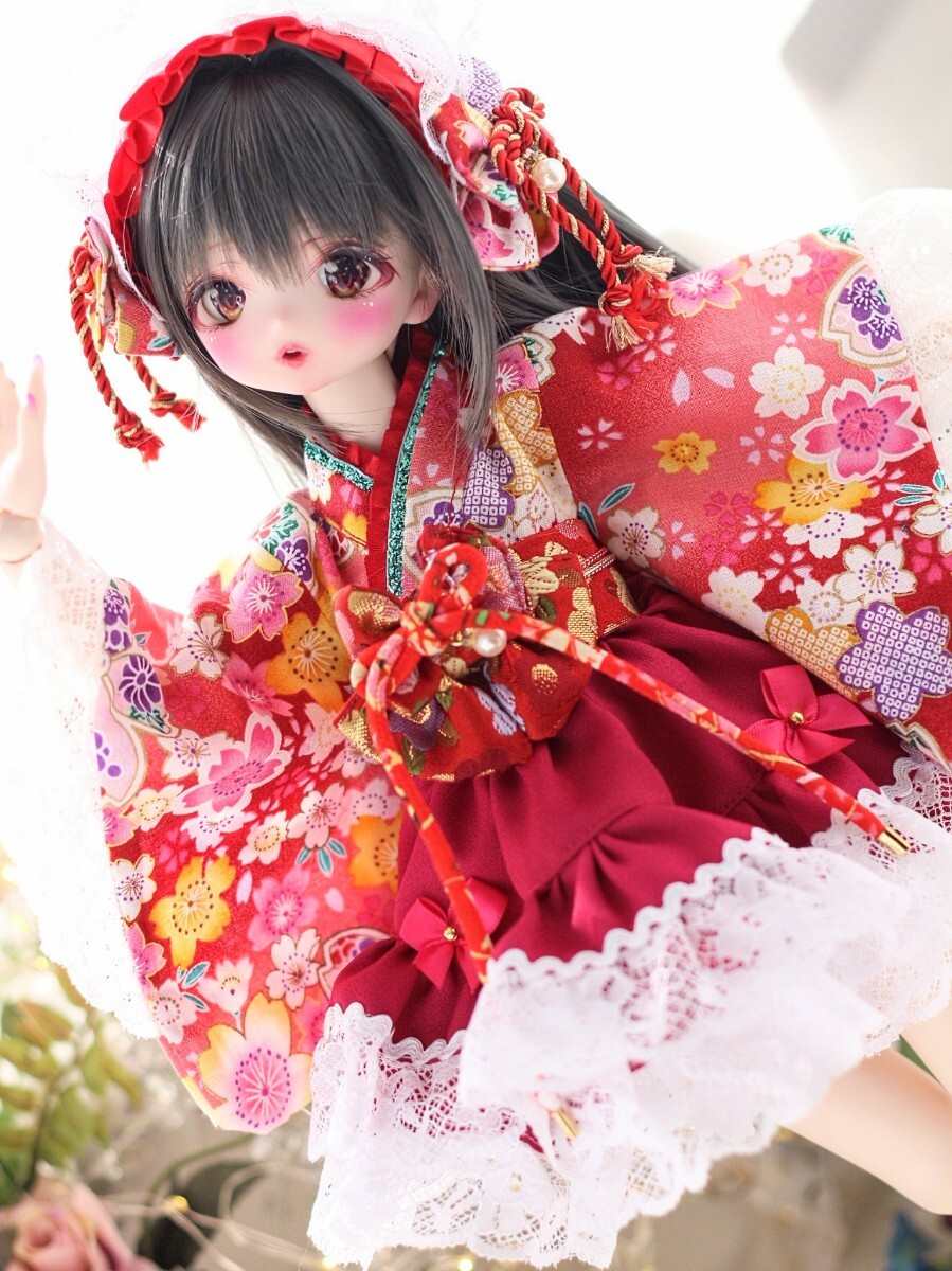 【シンティランテ】MDD服 著物+スカート+帯+カチューシャセット（赤）