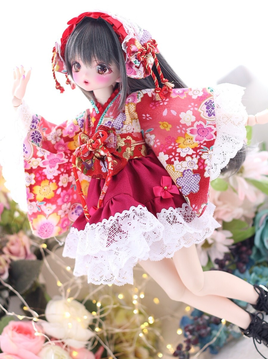 【シンティランテ】MDD服 著物+スカート+帯+カチューシャセット（赤）