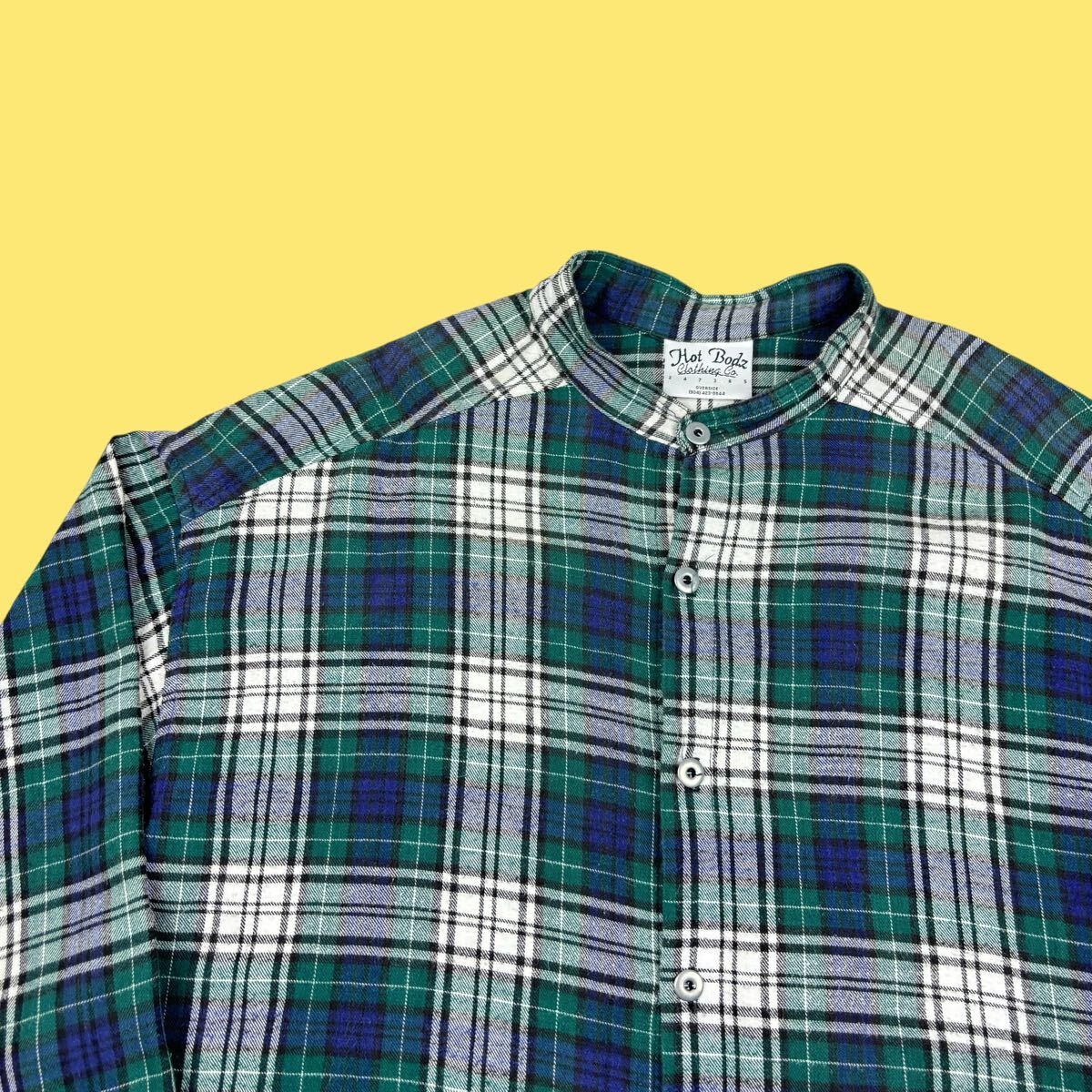 90s Hot Bodz Clothing co. Oversize Band Collar Plaid Flannel Shirt with Metal Buttons 90年代 バンドカラー ネルシャツ メタルボタン_画像1