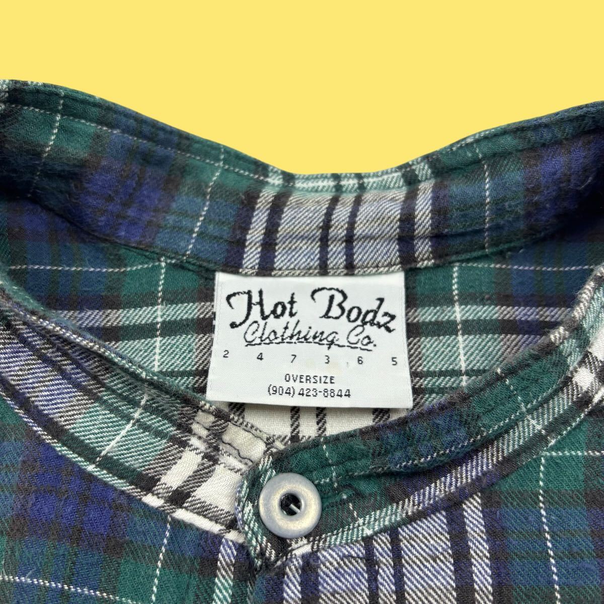 90s Hot Bodz Clothing co. Oversize Band Collar Plaid Flannel Shirt with Metal Buttons 90年代 バンドカラー ネルシャツ メタルボタン_画像2