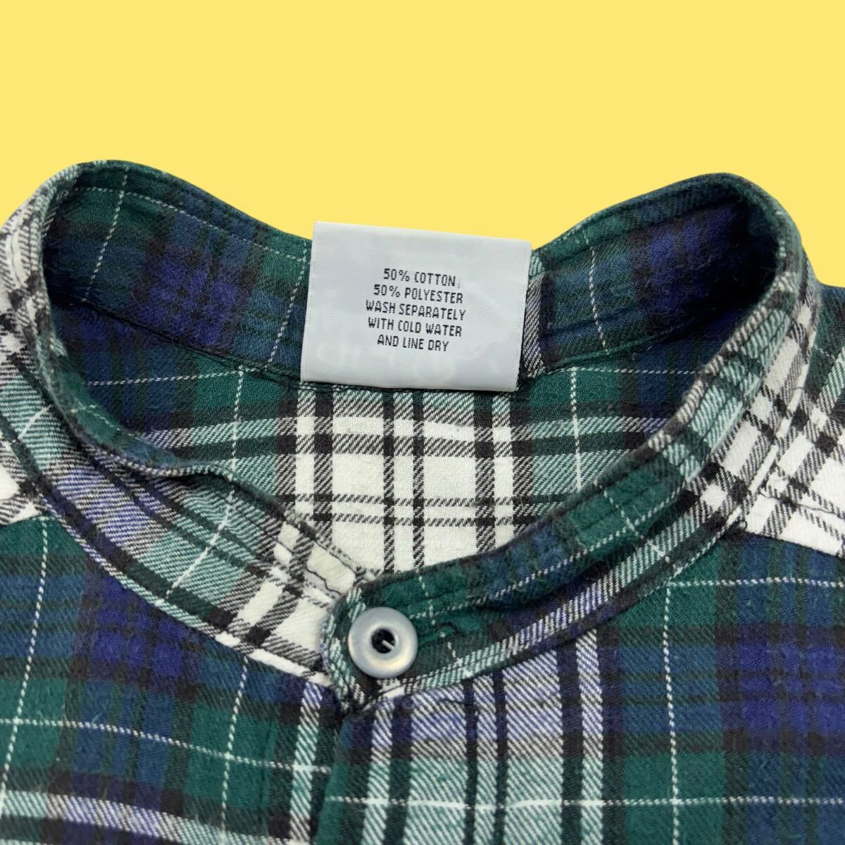 90s Hot Bodz Clothing co. Oversize Band Collar Plaid Flannel Shirt with Metal Buttons 90年代 バンドカラー ネルシャツ メタルボタン_画像3