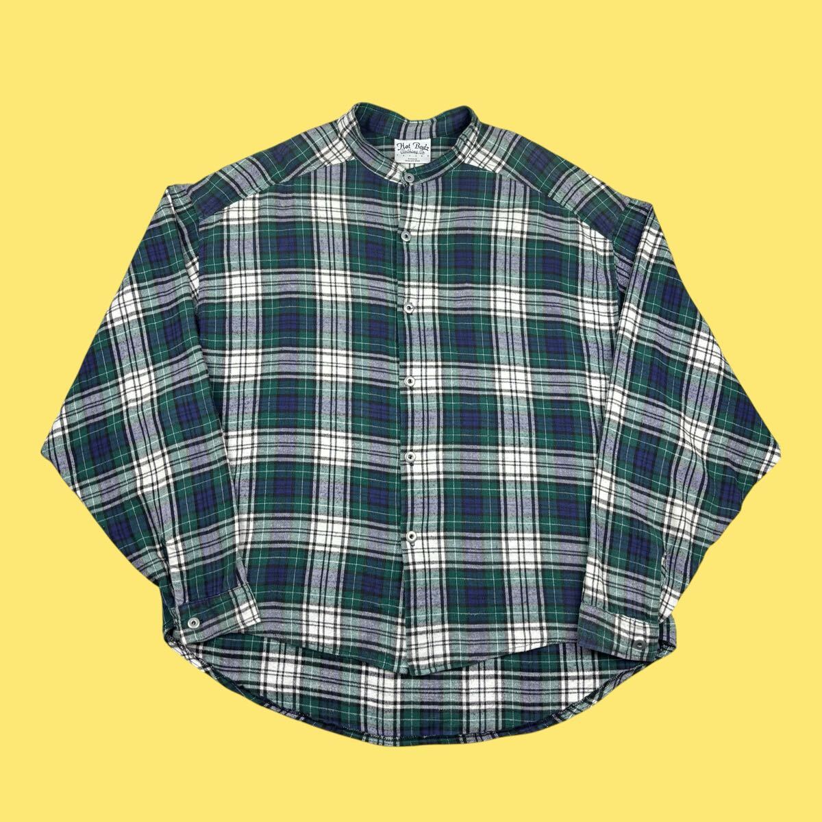 90s Hot Bodz Clothing co. Oversize Band Collar Plaid Flannel Shirt with Metal Buttons 90年代 バンドカラー ネルシャツ メタルボタン_画像4