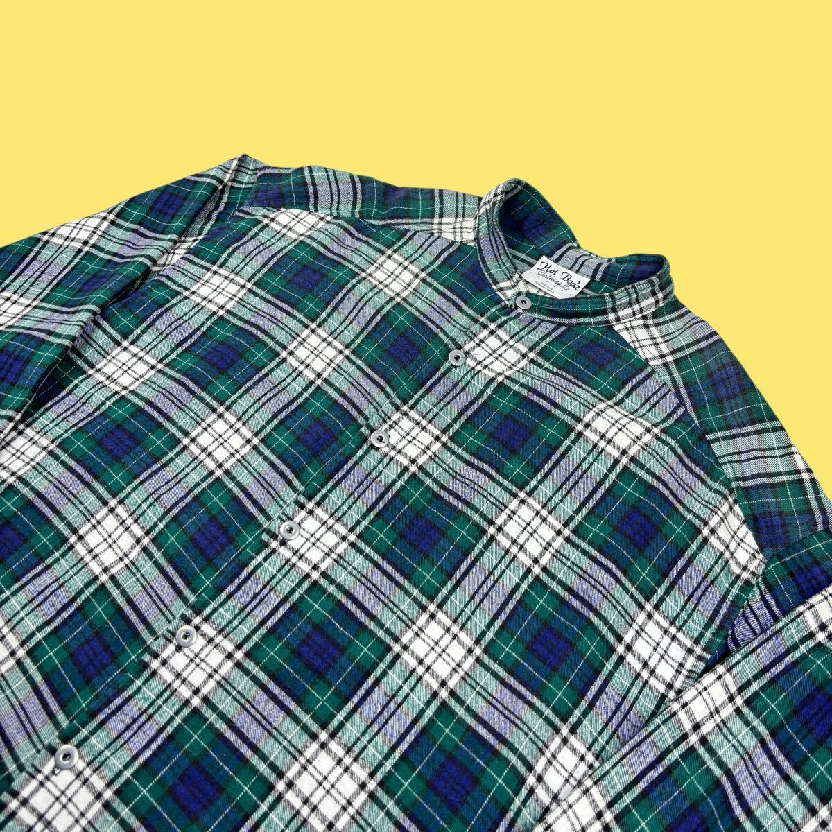 90s Hot Bodz Clothing co. Oversize Band Collar Plaid Flannel Shirt with Metal Buttons 90年代 バンドカラー ネルシャツ メタルボタン_画像5